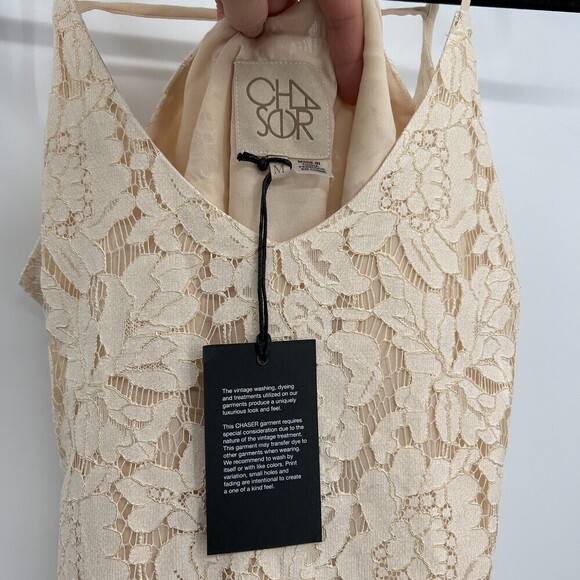 NWT CHASER Ivory Gold Metallic Strappy Lace V-Neck Shift Mini Dress Size Medium - Picture 6 of 10